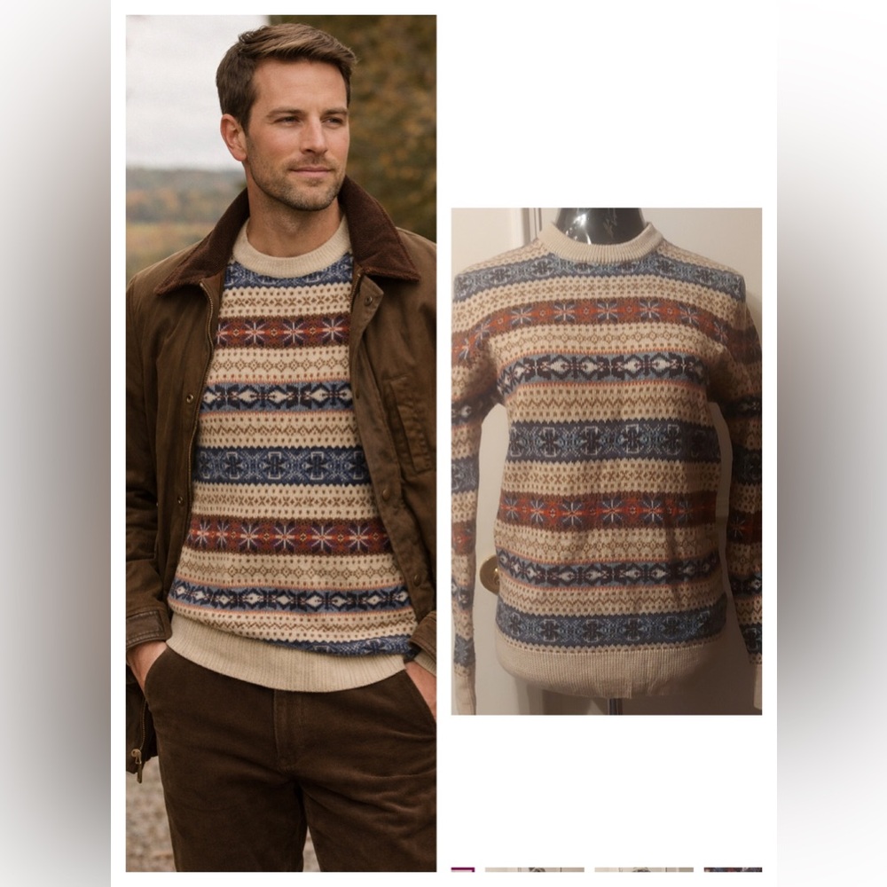 Fair Isle Merino Wool Sweater Medium Cream Blue Classic Winter Heritage